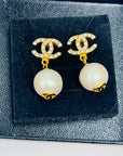 1990s CHANEL CC GOLD LOGO CRYSTAL DROP PEARL PIERCED EARRINGS