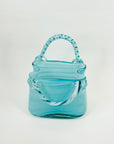 1980s TURQUOISE BLUE SPATTER ART GLASS BAG VASE