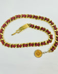 1980s CHANEL RED/BURGUNDY LEATHER GOLD PLATED LOGO BELT