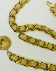 1990s CHANEL MATELASSE BEIGE LEATHER GOLD PLATED MEDALLION LOGO BELT/NECKLACE