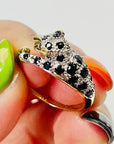 1970s 9 MIXED 14K WHITE YELLOW GOLD DIAMOND BLACK SAPPHIRE SNOW LEOPARD RING