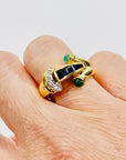 1940s 18k YELLOW GOLD BLUE SAPPHIRE EMERALD DIAMONDS PAVE TANK RING