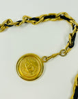1980s CHANEL MATELASSE BLACK LEATHER GOLD PLATED MEDALLION LOGO BELT/NECKLACE