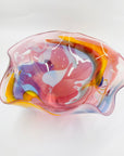 1986 HAND MADE HARLEQUIN CAMEO PINK BASE SPATTER ART GLASS XL BOWL BY JOHN MACPHERSON