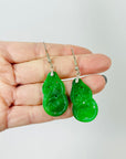 1950s SILVER CARVED JADE DROPLETS EARRINGS WITH CHINESE ORNAMENT MOTIVE