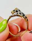 1970s 9 MIXED 14K WHITE YELLOW GOLD DIAMOND BLACK SAPPHIRE SNOW LEOPARD RING