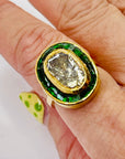 ANTIQUE 22K GOLD INDIAN POLKI RAW DIAMOND RING WITH GREEN ENAMEL