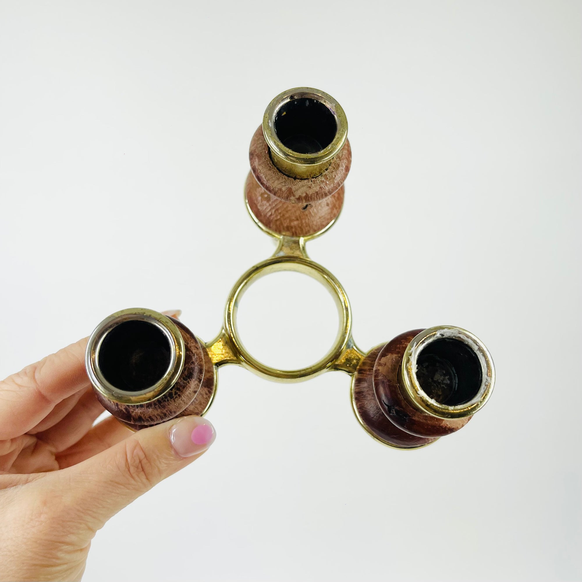 1960s SCANDINAVIAN WOOD BRASS CANDLE HOLDER