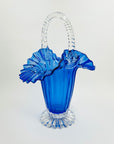ANTIQUE VICTORIAN COBALT BLUE PRESSED RUFFLE GLASS BASKET/VASE