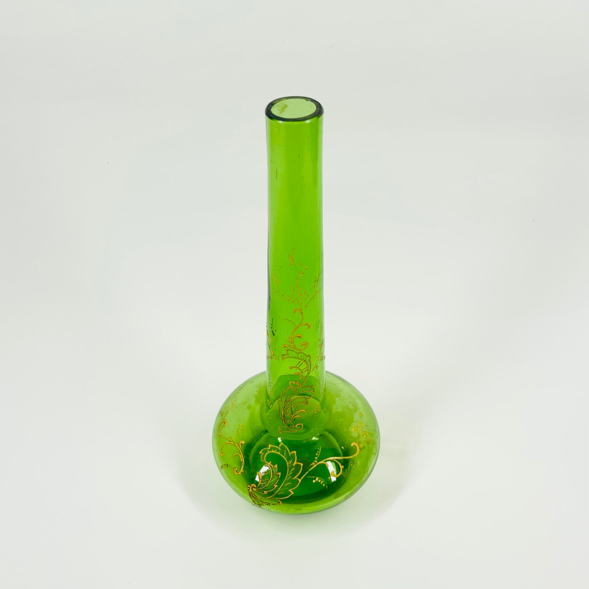 ANTIQUE VICTORIAN HAND PAINTED GREEN GLASS SPECIMEN VASE
