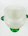 LARGE ANTIQUE ART DECO MURANO SCAVO FOOTED WHITE ACID GLASS VASE WITH GREEN HANDLES