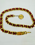 1980s CHANEL RED/BURGUNDY LEATHER GOLD PLATED LOGO BELT