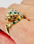 1950s 14K YELLOW GOLD DIAMOND EMERALD LEOPARD RING WITH RUBY EYES