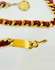 1980s CHANEL RED/BURGUNDY LEATHER GOLD PLATED LOGO BELT