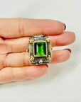 ANTIQUE GOLD SILVER COMPARTMENT RING WITH GREEN AMBER