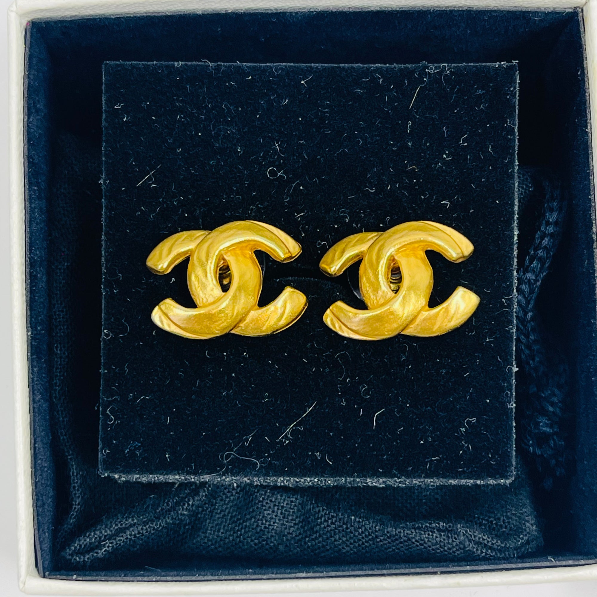 Y2K CHANEL CC BRUSHED GOLD LOGO PIERCED EARRINGS