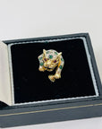 1950s 14K YELLOW GOLD DIAMOND EMERALD LEOPARD RING WITH RUBY EYES