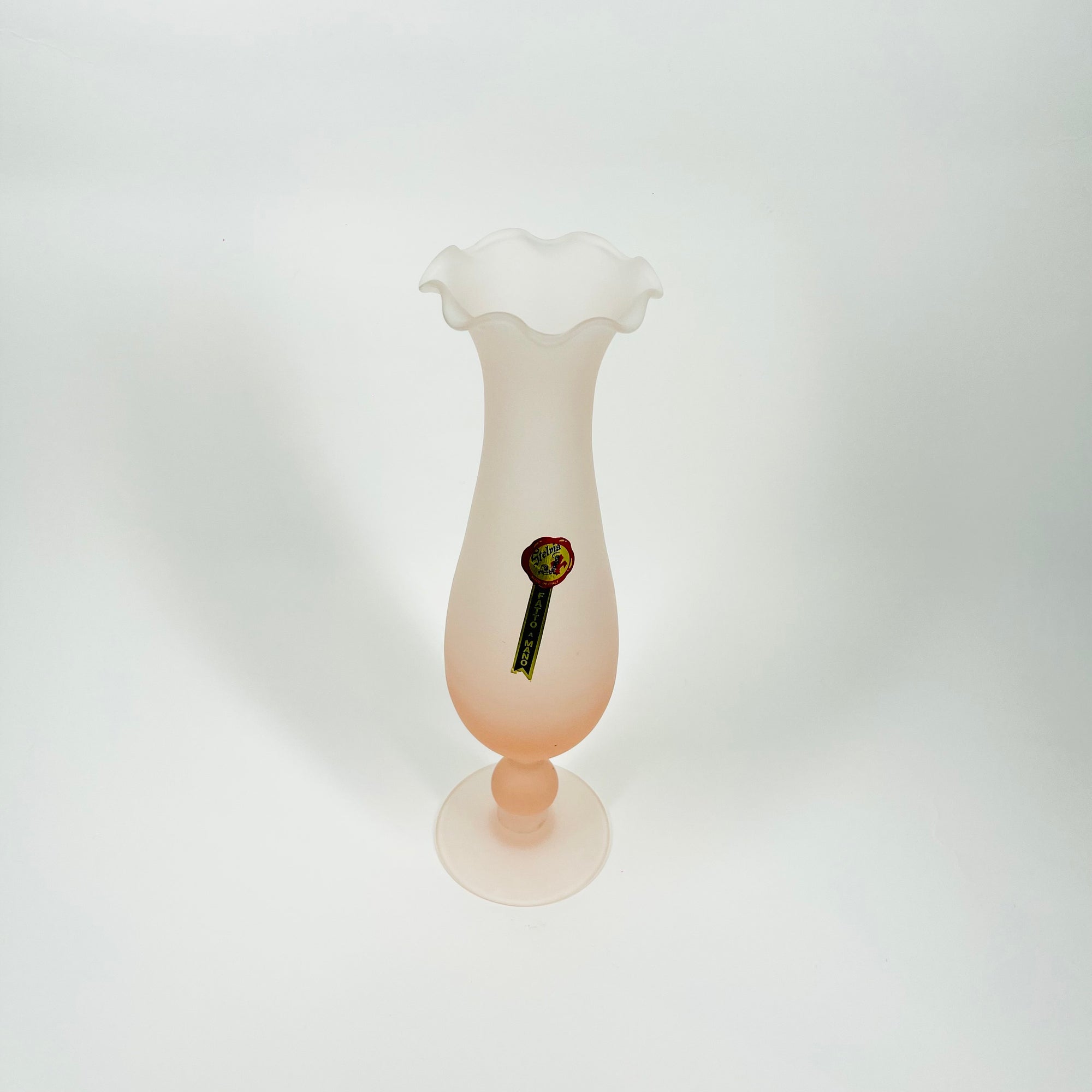 1970s ITALIAN SATIN PINK GLASS FOOTED RUFFLE VASE
