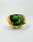 1940s GREEN GOLD AMBER MURANO MANDRUZZATO SOMMERSO FACETED GLASS BOWL/ASHTRAY