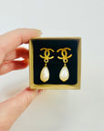 1996 CHANEL CC LOGO DROP PEARL CLIP ON EARRINGS