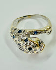 1950s 14K WHITE GOLD DIAMOND BLUE SAPPHIRE SNOW LEOPARD RING