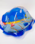 1986 SIGNED HAND MADE HARLEQUIN CAMEO COBALT BLUE BASE SPATTER ART GLASS XL BOWL BY JOHN MACPHERSON