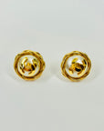 1995 CHANEL CC GOLD LOGO COSTUME PEARL BUTTON CLIP ON EARRINGS WITH TWIST ROPE BORDER