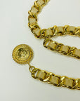 1990s CHANEL MATELASSE BEIGE LEATHER GOLD PLATED MEDALLION LOGO BELT/NECKLACE