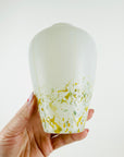 1980s HAND MADE CASED WHITE YELLOW GREEN SPATTER ART GLASS POSY VASE