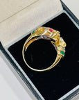 1950s 14K YELLOW GOLD DIAMOND EMERALD DOUBLE PANTHER HEADS RING WITH RUBY EYES