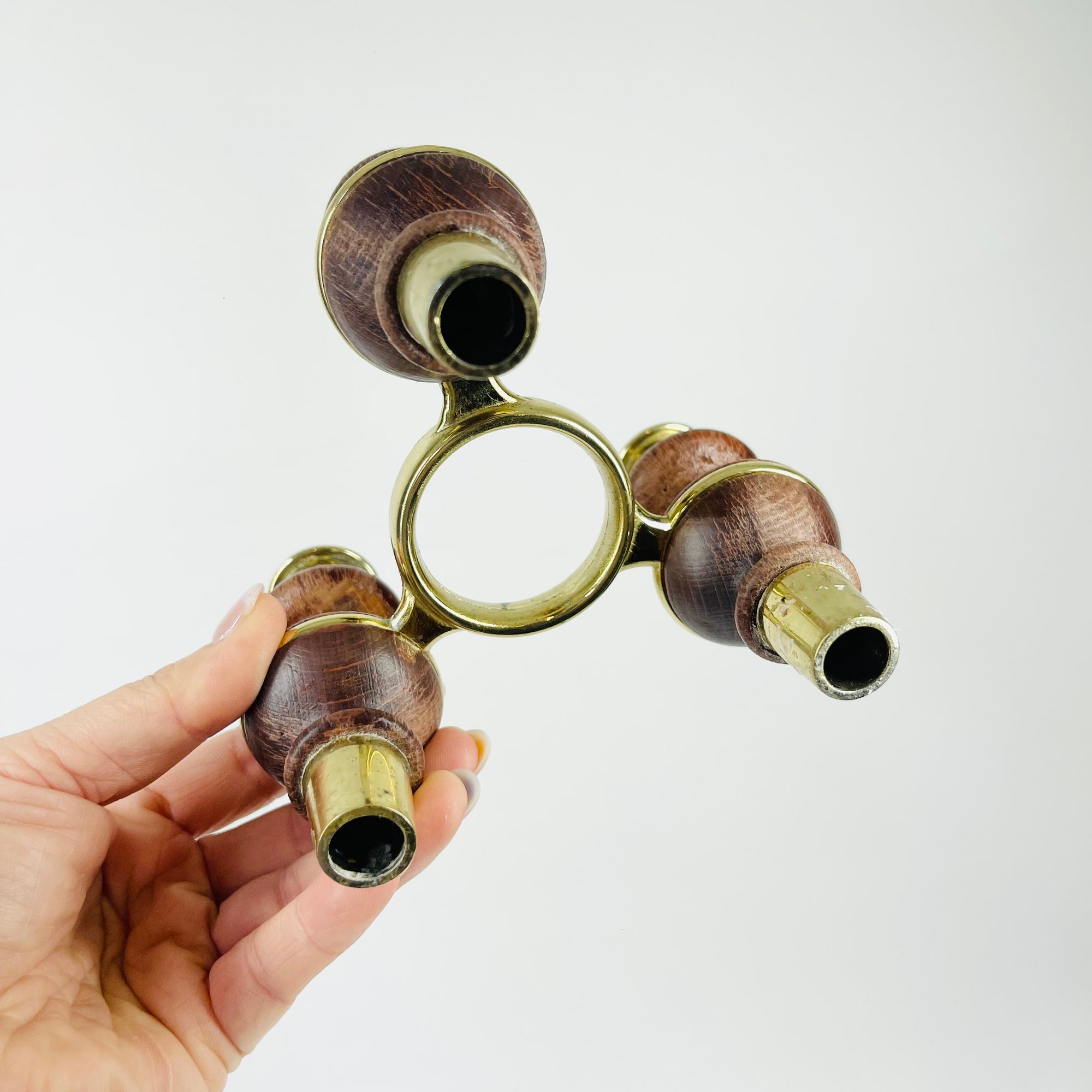 1960s SCANDINAVIAN WOOD BRASS CANDLE HOLDER