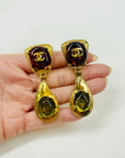 1997 CHANEL GRIPOIX RED & YELLOW GREEN CC LOGO DROP CLIP ON EARRINGS