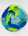 1987 HAND MADE HARLEQUIN CAMEO GREEN BLUE BASE SPATTER ART GLASS XL BOWL BY JOHN MACPHERSON
