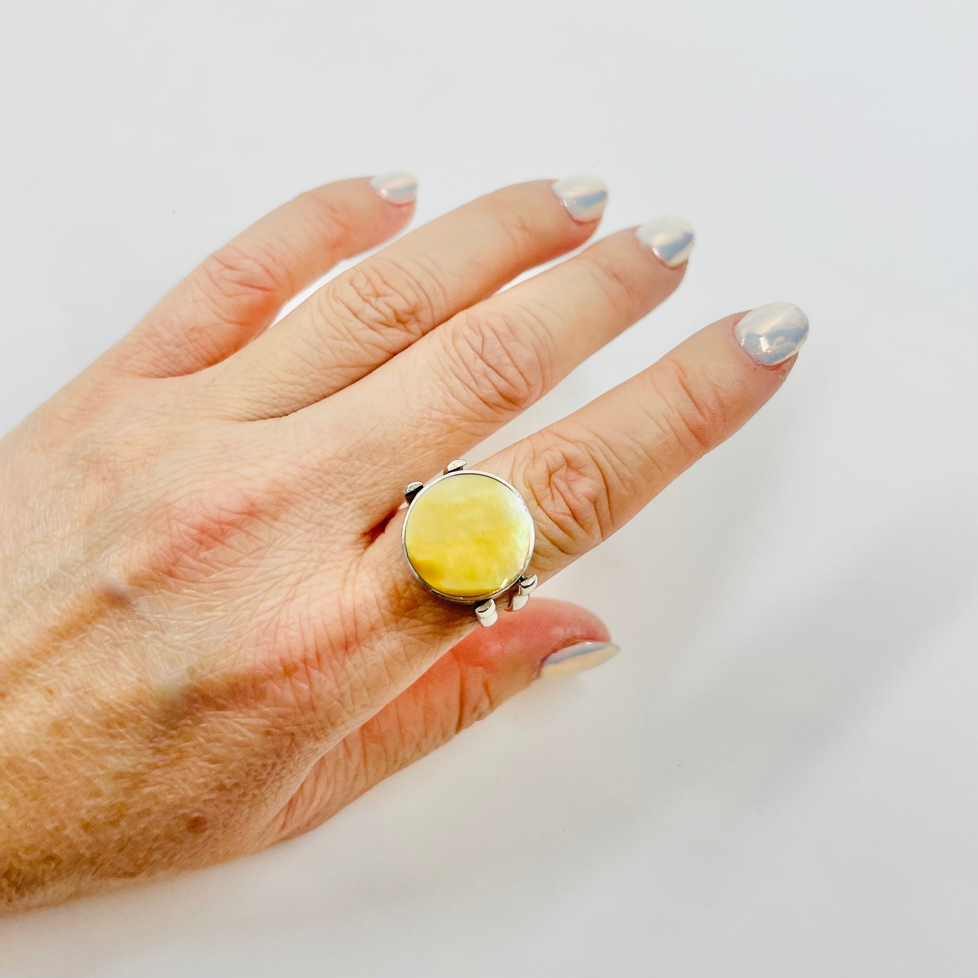 1950s DANISH SPINNER SILVER RING WITH MOHER OF PEARL AND ONYX