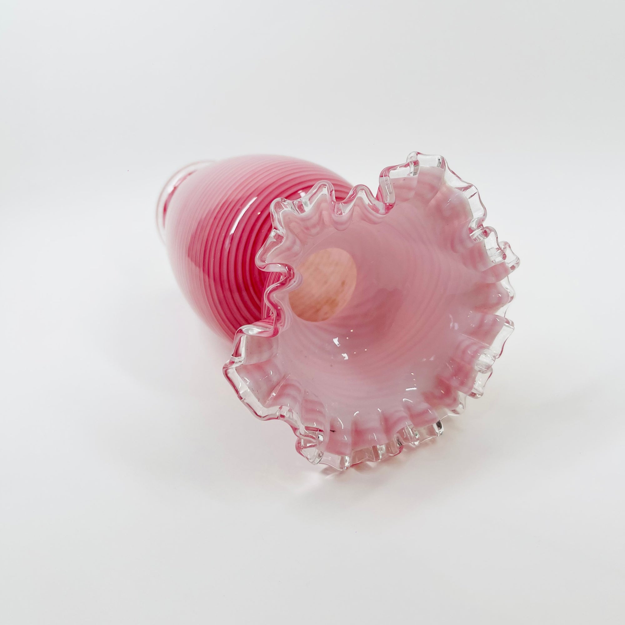 ANTIQUE MOUTH BLOWN PINK LATTICINO RUFFLE RIM VASE