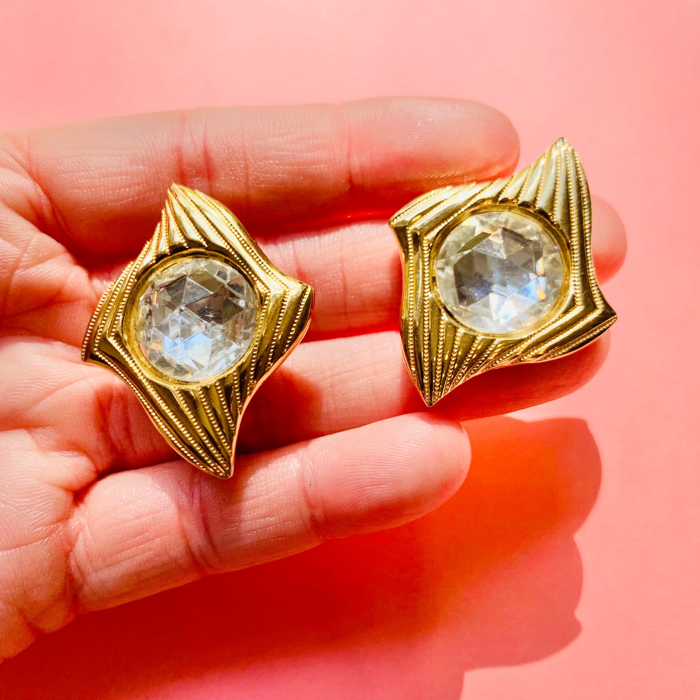 1980s TRAPEZOID CLIP ON EARRINGS WITH SOLITAIRE DIAMANTE