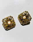 1980s SQUARE FILIGREE PEARL CLIP ON EARRINGS