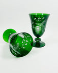 1960s HAND MADE PASCEBAHCE ETCHED EMERALD GREEN PINE CONE GLASS GOBLETS