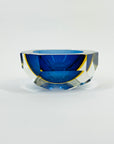 1950s MURANO MANDRUZZATO COBALT BLUE YELLOW SOMMERSO DIAMOND FACETED RECTANGULAR GLASS BOWL