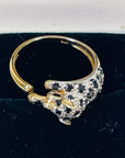 1970s 9 MIXED 14K WHITE YELLOW GOLD DIAMOND BLACK SAPPHIRE SNOW LEOPARD RING