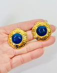 1980s CHANEL GRIPOIX SATIN COBALT BLUE GLASS BUTTON CLIP ON EARRINGS