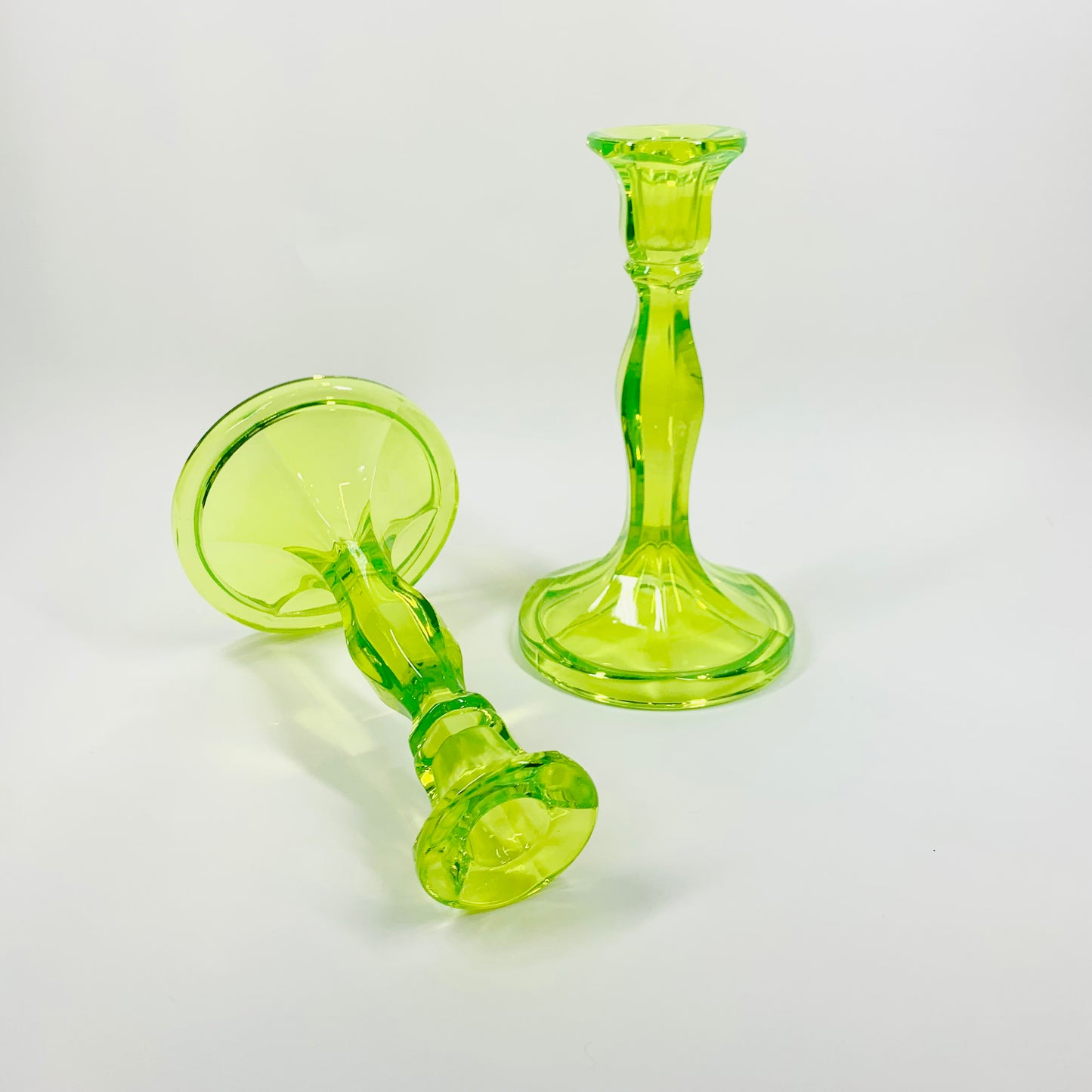 DEPRESSION URANIUM GLASS CANDLE STICKS