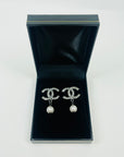 2000 CHANEL GUNMETAL DIAMANTE LOGO PEARL DROP PIERCED EARRINGS