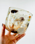 1980s AUSTRALIAN MOUTH BLOWN ORANGE BLACK WHITE SPATTER ART GLASS MINI BOWL/VASE