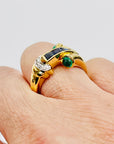 1940s 18k YELLOW GOLD BLUE SAPPHIRE EMERALD DIAMONDS PAVE TANK RING