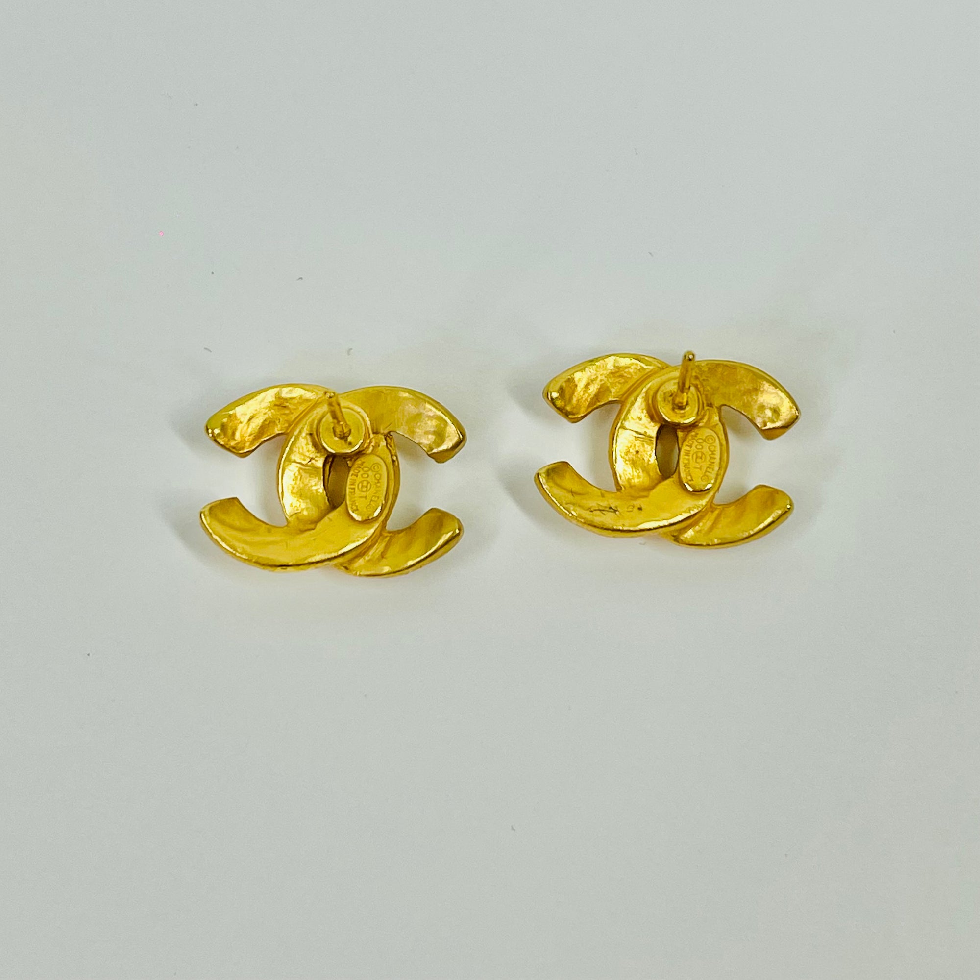 Y2K CHANEL CC BRUSHED GOLD LOGO PIERCED EARRINGS