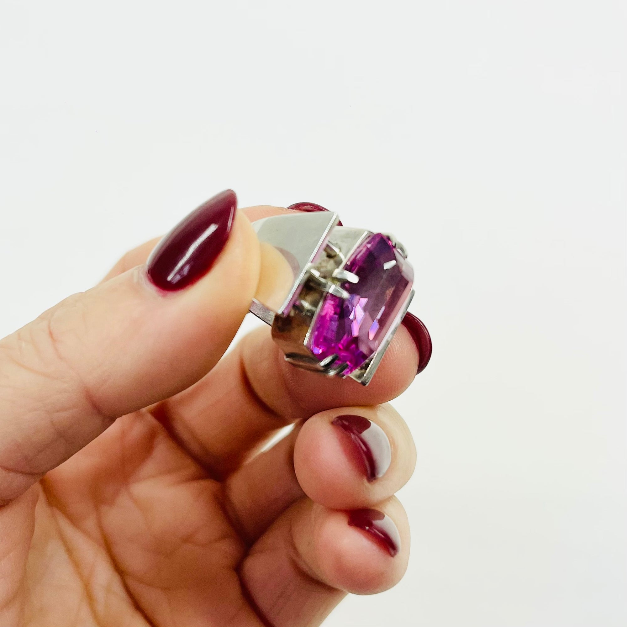 ART DECO SILVER TANK RING WITH PINK SPINEL
