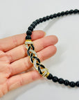 1950s GROSSE GERMANY COSTUME BRAIDED BLACK BEADED NECKLACE WITH ENAMEL PENDANT