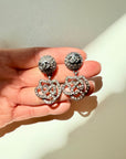 2000 Y2K CHANEL CC LOGO GUN METAL CAMELLIA RHINESTONES DROP PIERCED EARRINGS