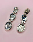 1980s SIGNED CAROL LEE COSTUME SILVER DROP CLIP ON EARRINGS WITH BLACK PASTES